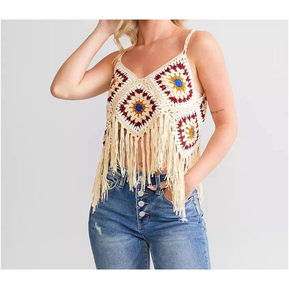 New Boho Crochet Fringe Top Y2K Festival Knit Granny Square Hippie Beach Crop - Picture 1 of 6